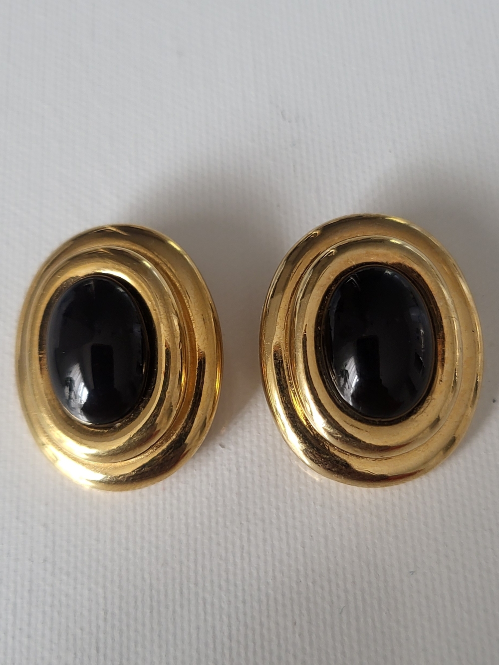 Vintage Goldtone  Oval Clip-On Earrings with Black Glass Cabochon